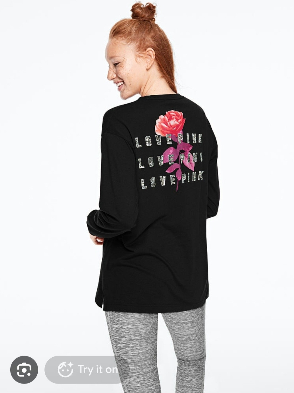 PINK Victoria's Secret Long Sleeve Graphic Tee - Black w/Pink Floral Back. Large